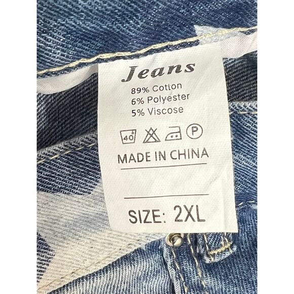 NWT Mekool Distressed Blue With Star Print High Waisted Jeans Pants Size 2XL - Picture 8 of 10